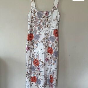 Ann Taylor White Floral Square-Neck Midi Dress with Coral & Lavender Blooms